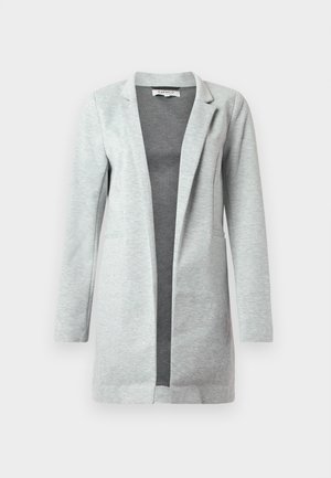 Hellgrauer Blazer aus weichem, strukturiertem Stoff. Verfügt über ein tailliertes Design, offene Vorderseite und zwei Seitentaschen. Minimalistischer Stil ohne Verschlüsse.