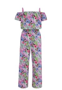 Floral jumpsuit with off-the-shoulder top, short sleeves, elastic waist, and wide-leg pants. Features pink, green, and blue flower patterns.