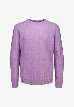 Sweter w warkocz w jasnym lila, okrągły dekolt, ściągacze przy rękawach i u dołu, miękka tekstura, o klasycznym, luźnym kroju.