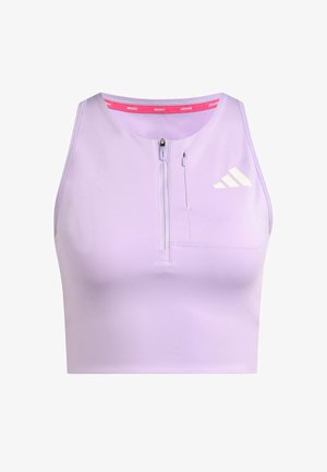 Ljust lila atletisk crop top med frontdragkedja, som har en liten ficka och vit Adidas-logga på vänster sida. Tillverkad av slätt, stretchigt tyg.