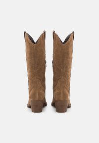 Botine din suede maro, cu vârf ascuțit, margini superioare curbe și cusături decorative. Dispun de un toc bloc maro și fermoare pe lateral.