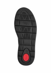 Czarna gumowa podeszwa buta z teksturowanym wzorem, elastycznymi rowkami i czerwonym okrągłym akcentem oznaczonym napisem "komfort" na środku. Rozmiar 37.
