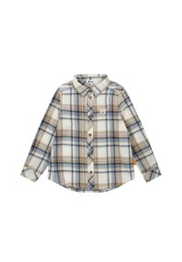 Lange mouwen geblokte shirt in beige, blauw en wit. Katoenmix met knoopsluiting en een klein logo op de borst. Afgeronde zoom.