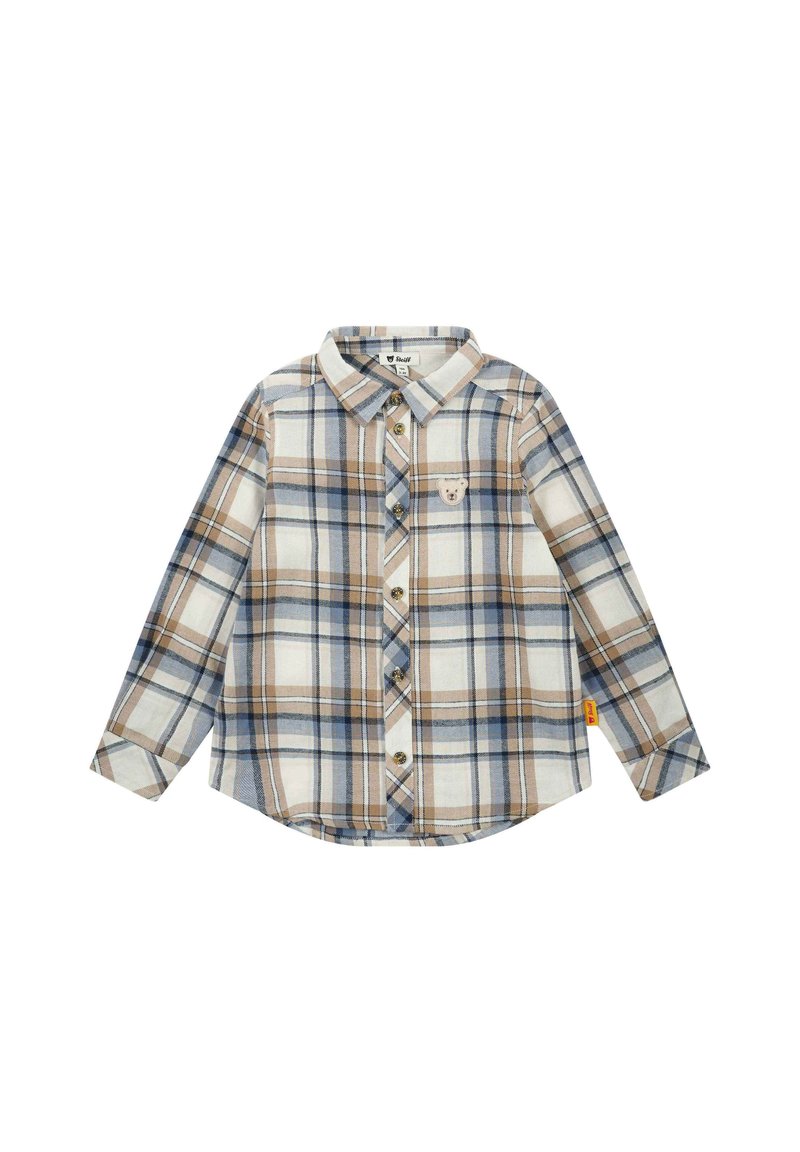 Lange mouwen geblokte shirt in beige, blauw en wit. Katoenmix met knoopsluiting en een klein logo op de borst. Afgeronde zoom.