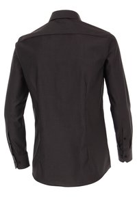 Donkergrijze lange mouwen shirt met een gladde textuur, een spitse kraag en knoopmanchetten. Heeft een schone, onversierde achterkant.