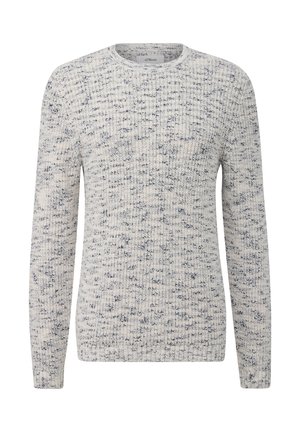 Hellgrauer Strickpullover mit einem gesprenkelten Muster in Marineblau. Verfügt über einen Rundhalsausschnitt und lange Ärmel. Strukturierter, gemütlicher Stoff.