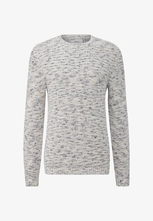 Hellgrauer Strickpullover mit einem gesprenkelten Muster in Marineblau. Verfügt über einen Rundhalsausschnitt und lange Ärmel. Strukturierter, gemütlicher Stoff.