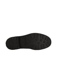 Suola di scarpa in gomma nera caratterizzata da un motivo di battistrada testurizzato con dettagli circolari e lineari, etichettata con "Clarks" vicino al tallone.