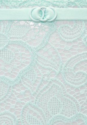 Minzgrüner Spitzenstoff mit floralen Mustern und einem Satinbund mit zwei ineinandergreifenden Ringen als dekorativem Verschluss.
