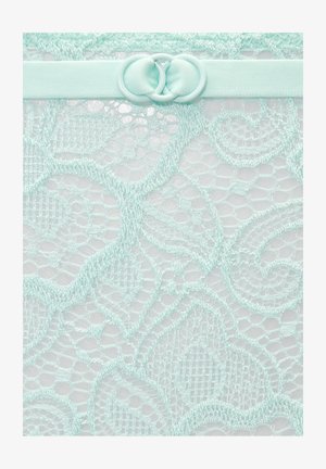 Minzgrüner Spitzenstoff mit floralen Mustern und einem Satinbund mit zwei ineinandergreifenden Ringen als dekorativem Verschluss.