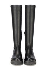 Black knee-high leather boots with a smooth finish, featuring side zippers, rubber soles, and a rounded toe design.