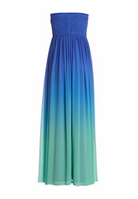 Robe longue sans bretelles avec corsage froncé, jupe fluide, dégradé du bleu profond en haut au turquoise clair en bas.