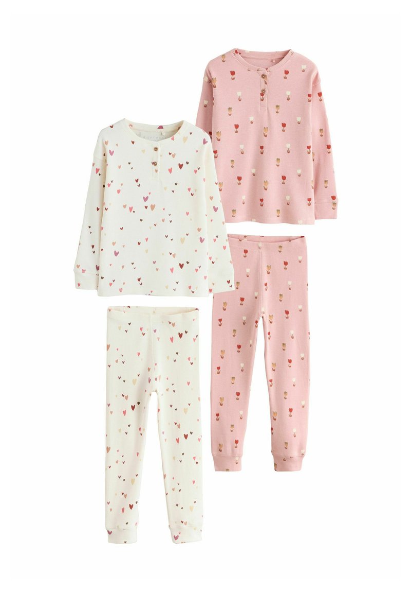 To sæt børnepyjamas: en hvid med små hjerter, en lyserød med blomstermønstre. Blødt, ribbet stof med lange ærmer og bukser.