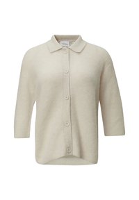 Beżowy sweter z dzianiny z kołnierzykiem, pięcioma guzikami i rękawami o długości trzech ćwierć. Strukturalny materiał o luźnym kroju.