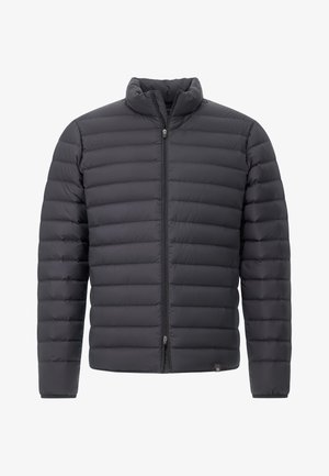 Juodas pūkinis švarkas su aukštu apykakle, izoliuotas, siuvinėtas dizainas su horizontaliomis juostelėmis, priekiniu užtrauktuku ir elastinėmis rankogalių dalimis.