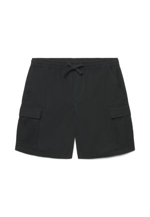Schwarze Cargo-Shorts für Herren mit elastischem Bund, Kordelzug, zwei Seitentaschen und zwei Klappentaschen an den Oberschenkeln.