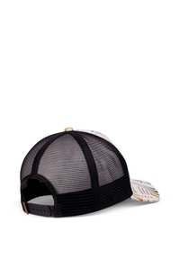 Schwarze Baseballmütze mit Netzmaterial auf der Rückseite, einem weißen und mehrfarbig gemusterten Vorderteil, gebogenem Schirm und verstellbarem Snapback-Verschluss.