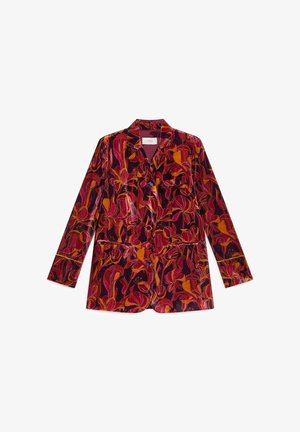 Blazer di velluto con motivo floreale in tonalità di bordeaux, arancione e giallo. Presenta un colletto con risvolto, due tasche frontali e una chiusura con un solo bottone.