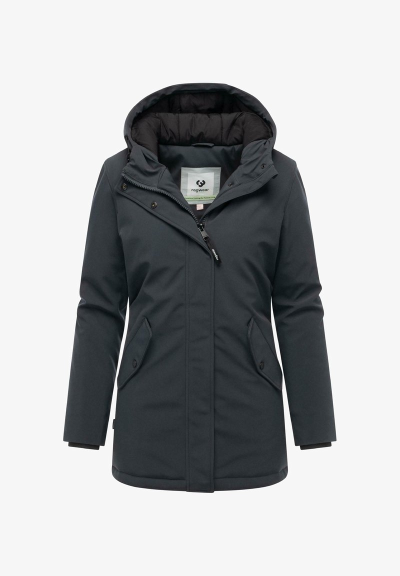 Donkergrijze gewatteerde winterjas met een rits aan de voorkant, drukknopflap en schuin geplaatste zakken aan beide zijden.