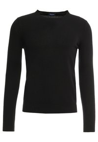 Musta neulottu pusero, jossa pitkät hihat, pyöreä pääntie, resorit helmassa ja hihansuissa, sileä pinta, minimalistinen muotoilu, ilman kuvioita tai korostuksia.