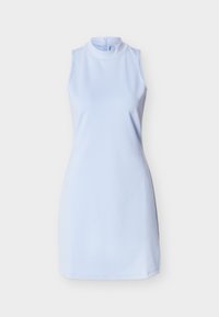 Φόρεμα χωρίς μανίκια σε ανοιχτό μπλε χρώμα με υψηλό λαιμόκοψη, φερμουάρ στην πλάτη, εφαρμοστή σιλουέτα και απλή, λεία υφή υφάσματος.