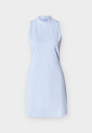 Sleeveless light blue high-neck dress with back zipper, fitted silhouette, and a simple, smooth fabric texture.