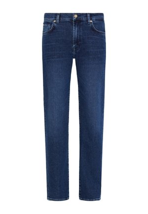 Jeans dritti blu scuro realizzati in denim. Presentano cinque tasche, chiusura con bottone e una leggera scoloritura per un aspetto testurizzato.