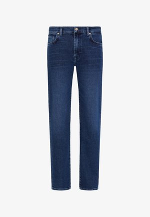 Jeans dritti blu scuro realizzati in denim. Presentano cinque tasche, chiusura con bottone e una leggera scoloritura per un aspetto testurizzato.