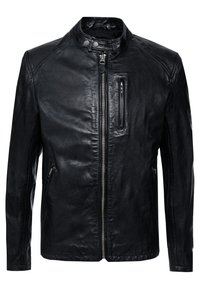 Svart läderjacka med ståkrage, dragkedja fram och sidofickor. Har en dragkedjeficka på bröstet och en något texturerad yta.