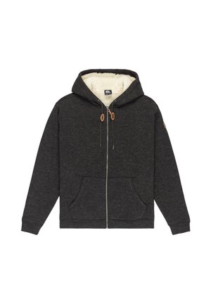 Dark gray zip-up hoodie with front pockets, drawstrings, and cream-colored fleece lining visible inside the hood.