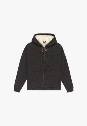 Dunkelgrauer Reißverschluss-Hoodie mit vorderen Taschen, Zugbändern und sichtbarem cremefarbenem Fleecefutter innen an der Kapuze.