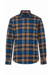 Flanellen overhemd met een blauw, bruin en tan ruitpatroon, met een knoopsluiting kraag, lange mouwen en een reguliere pasvorm.