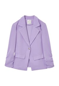 Blazer dla dziewczynki w kolorze liliowym z marszczonymi rękawami, z klapami, jedynym przyciskiem w kształcie serca oraz dwiema przednimi kieszeniami z klapkami.