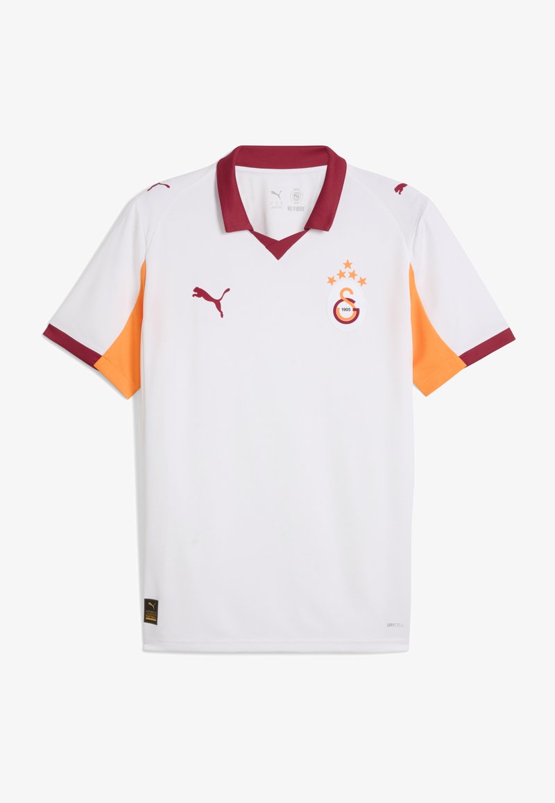 Maillot de football Puma blanc avec col bordeaux, panneaux de manches orange et emblème de Galatasaray avec cinq étoiles sur la poitrine.