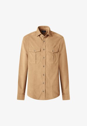 Donkergroene longsleeve overhemd met knopen, gemaakt van corduroy-stof. Voorzien van twee borstzakken, een puntige kraag en een voorste knoopsluiting met metalen accenten.