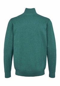 Sötét teal színű kötött pulóver magas gallérral és hosszú ujjal, sima textúrával, bordás alsó résszel és mandzsettákkal.