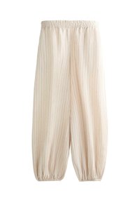 Pantaloni bej cu croială lejeră, cu dungi subțiri verticale, talie elastică și manșete elastice la glezne.