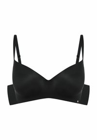 Czarny biustonosz na drutach z gładkiego, matowego materiału, z regulowanymi ramiączkami i bezszwowym designem. Posiada subtelny akcent logo na pasku.