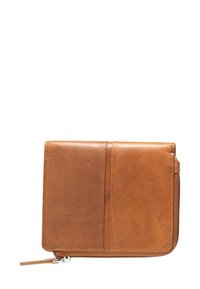 Braune Lederbörse mit rechteckiger Form, ausgestattet mit einem Reißverschluss und sichtbaren Nähten. Glatte Oberfläche mit minimalistischem Design.