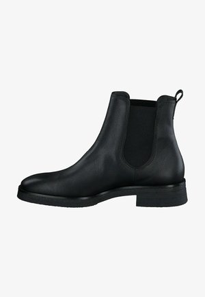 Černá kožená chelsea bota s elastickými postranními panely, hladkým povrchem, kulatou špičkou a nízkým vrstvovým podpatkem. Obsahuje poutko pro snadné obutí.