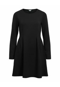 Robe noire à manches longues, coupe ajustée avec un col rond et une jupe évasée. Tissu lisse avec des accents plissés à la taille.