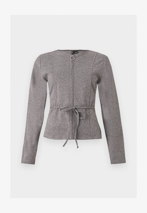 Γκρι σακάκι με μακριά μανίκια, εμπρός φερμουάρ και δεσίματα στη μέση, με διακριτικό σχέδιο ψαροκόκαλου και στρογγυλή λαιμόκοψη.