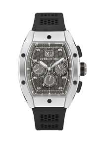Reloj Cerruti 1881 con un dial hexagonal gris, caja de acero inoxidable plateado y correa de goma negra. Incluye tres sub-diales y ventana de fecha.