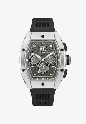 Cerruti 1881 Uhr mit einem sechseckigen grauen Zifferblatt, Gehäuse aus silberfarbenem Edelstahl und schwarzem Gummiband. Mit drei Subdials und Datumsfenster.