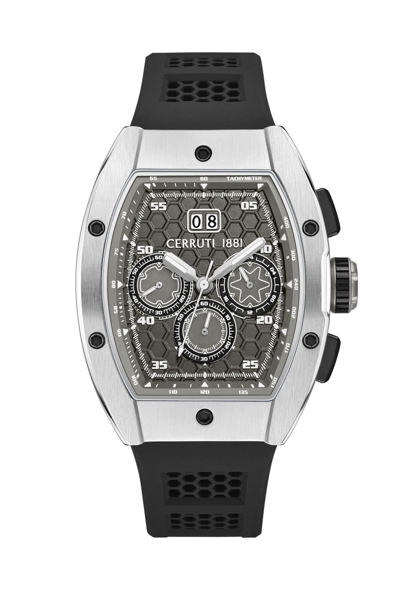 Reloj Cerruti 1881 con un dial hexagonal gris, caja de acero inoxidable plateado y correa de goma negra. Incluye tres sub-diales y ventana de fecha.