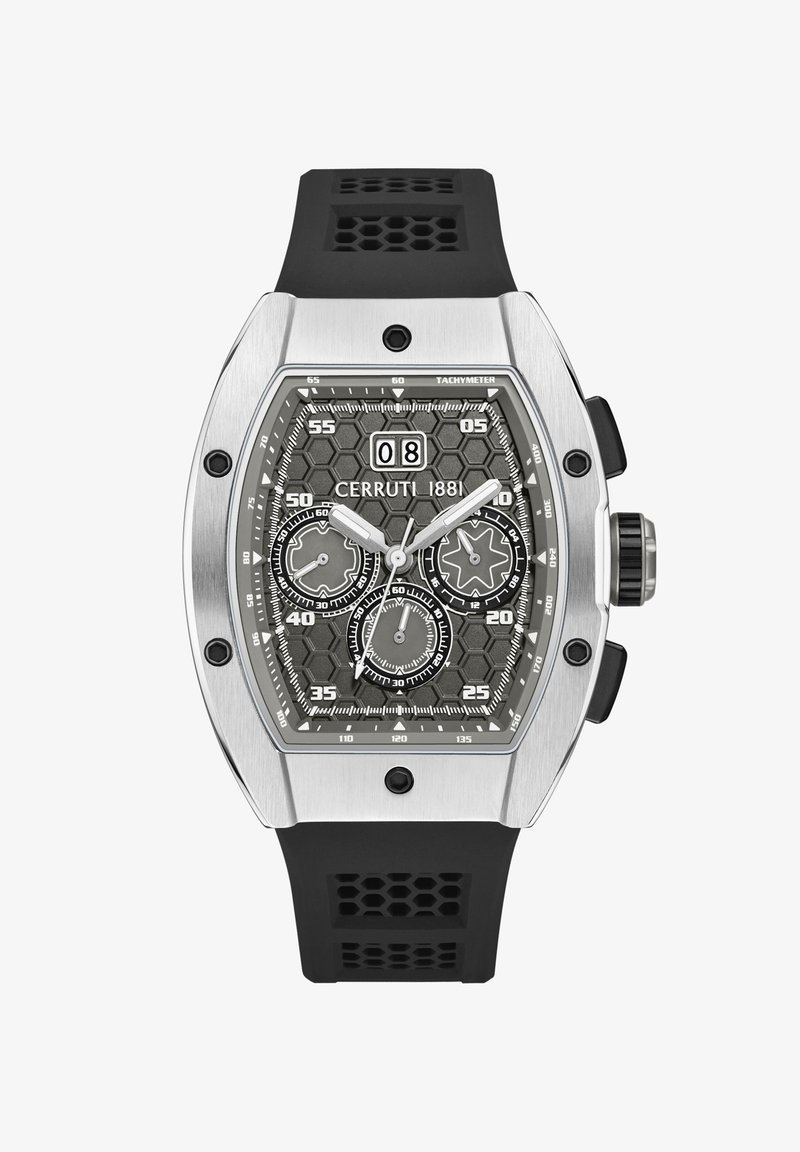 Cerruti 1881 pulkstenis ar sešstūra pelēku ciparnīcu, sudraba nerūsējošā tērauda korpusu un melnu gumijas siksnu. Iekļauj trīs subciparnīcas un datuma logu.