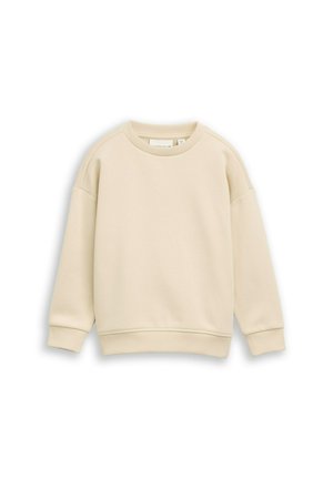 Cremefarbener Sweatshirt mit langen Ärmeln und Rundhalsausschnitt, mit gerippten Bündchen und Saum, flach auf weißem Hintergrund dargestellt.