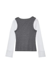 Bodice grigio con maniche lunghe bianche, dotato di bottoni sui lati delle spalle e design aderente. Texture morbida con una finitura liscia.