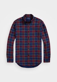 Koszula w kratę z guzikami w kolorze granatowym, czerwonym i żółtym. Długie rękawy, klasyczny kołnierz i zaokrąglony dół. Wykonana z tkaniny tkanej o gładkiej teksturze.