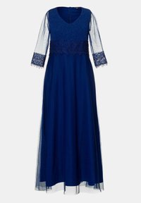 Navy blue dress with sheer three-quarter sleeves, embellished bodice, and flowing skirt. Features a V-neck and a lace trim at the waist.